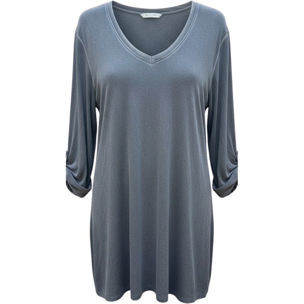 Cable & Gauge Woman Gray V-Neck Tunic Top 3/4 Sleeve Tab Inverted Pleat 2X